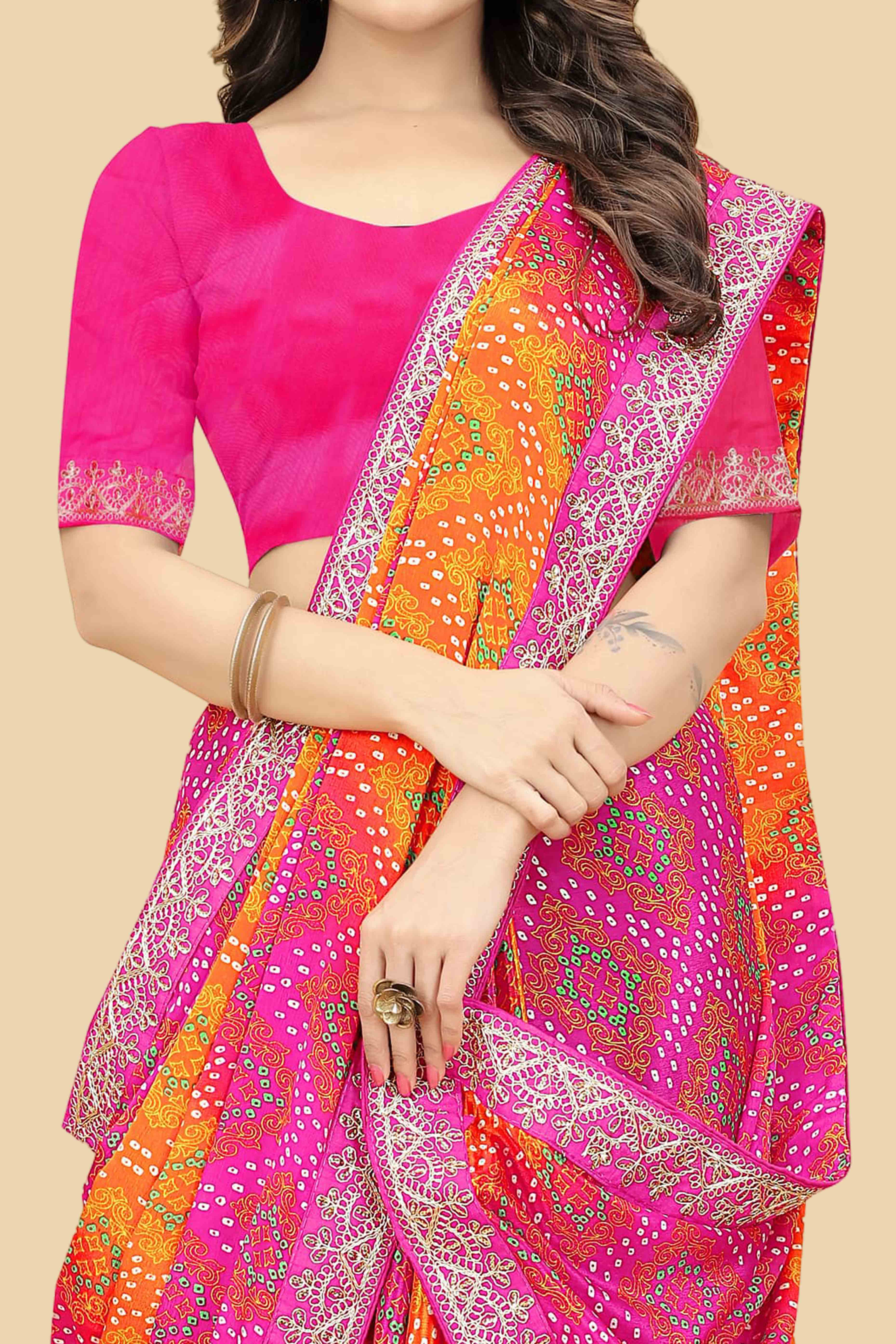 Pink & Orange Bandhani Printed Chinon Saree