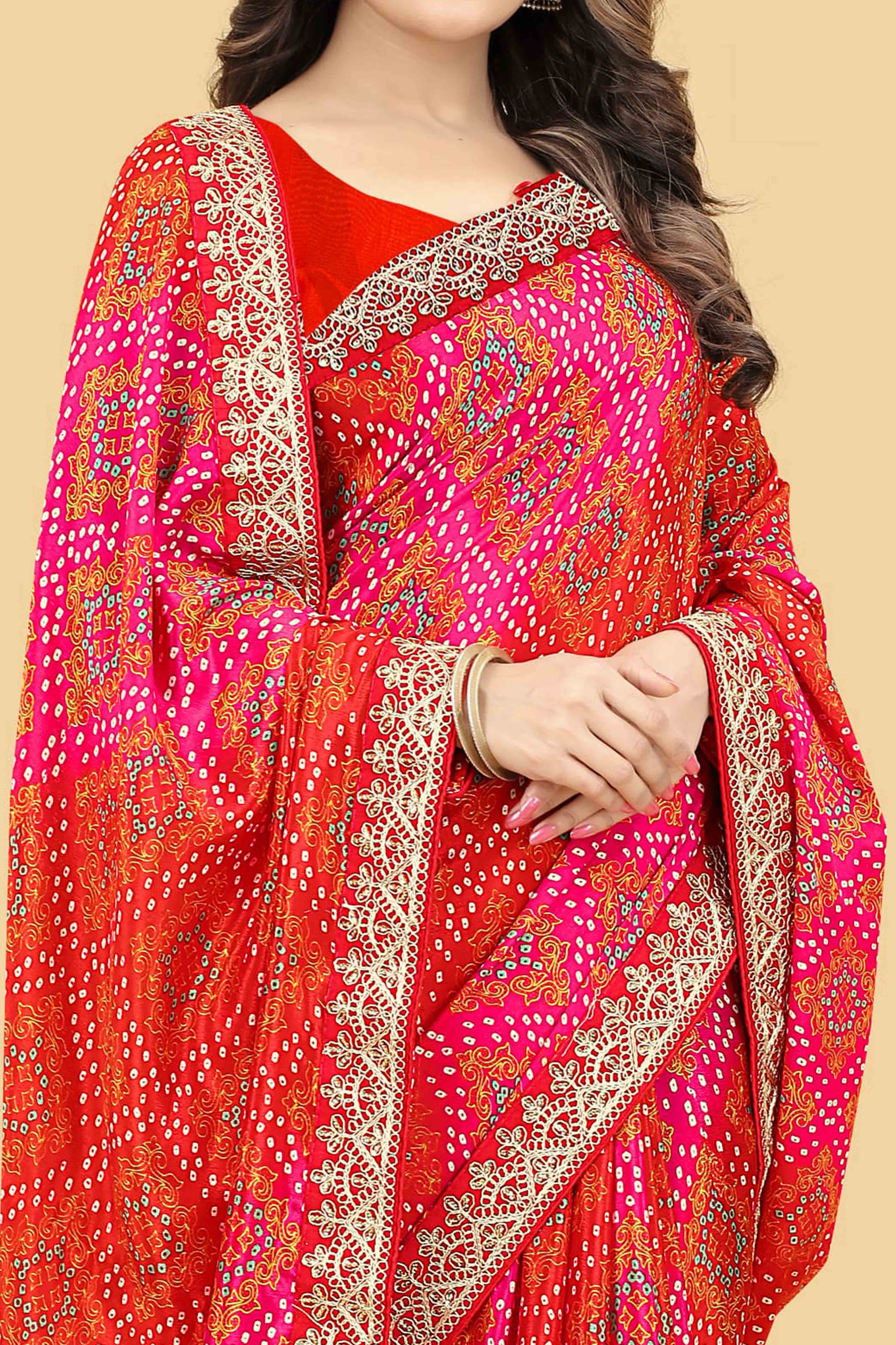Red Bandhani Printed Chinon Saree