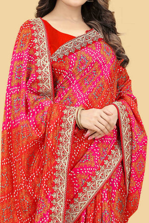Red Bandhani Printed Chinon Saree
