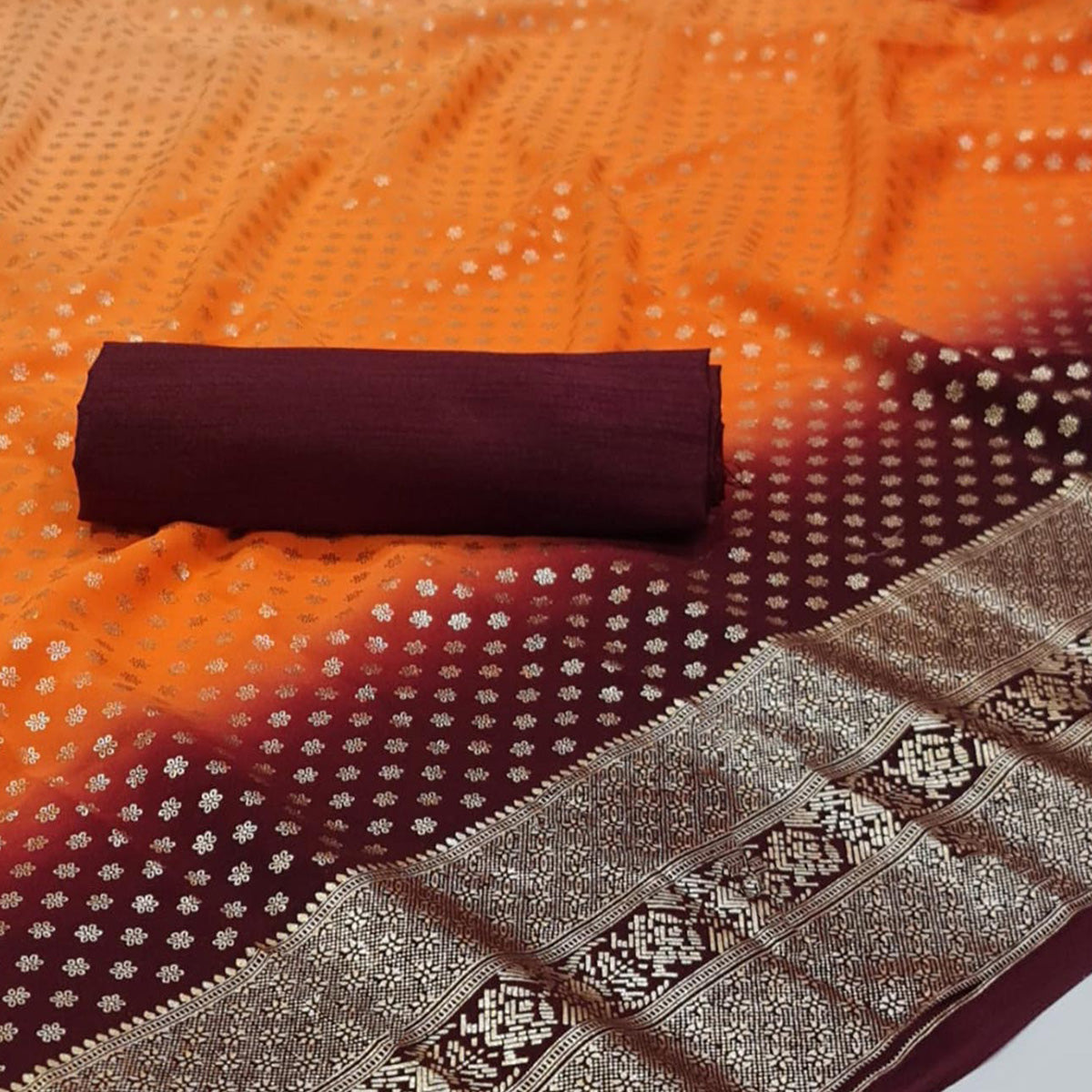 Orange Floral Foil Printed Georgette Saree