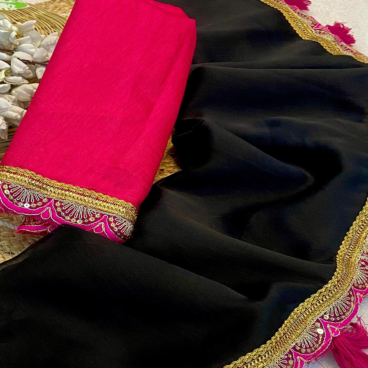 Black Solid With Sequins Embroidered Moss Chiffon Saree