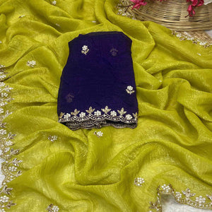 Lime Green Crunchy Chiffon Saree with Elegant Embroidery and Pearl Embellishments