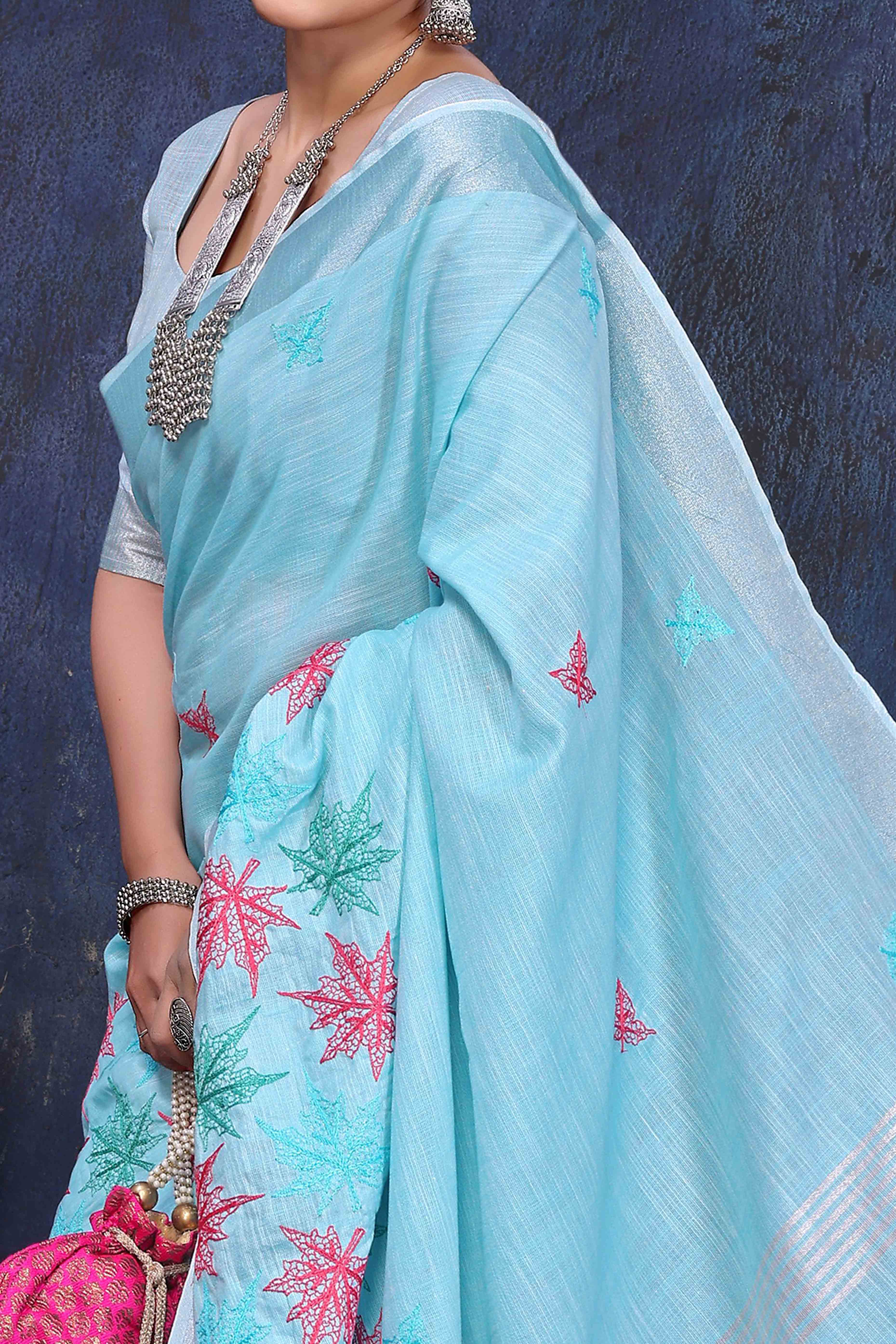Sky Blue Floral Embroidered Cotton Silk Saree