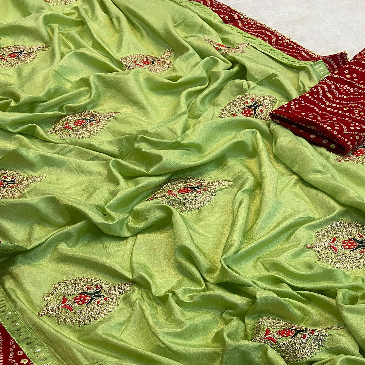 Green Zari Embroidered Vichitra Silk Saree