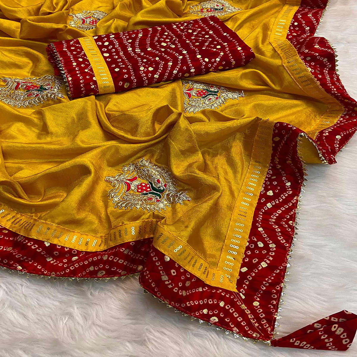 Mustard Zari Embroidered Vichitra Silk Saree