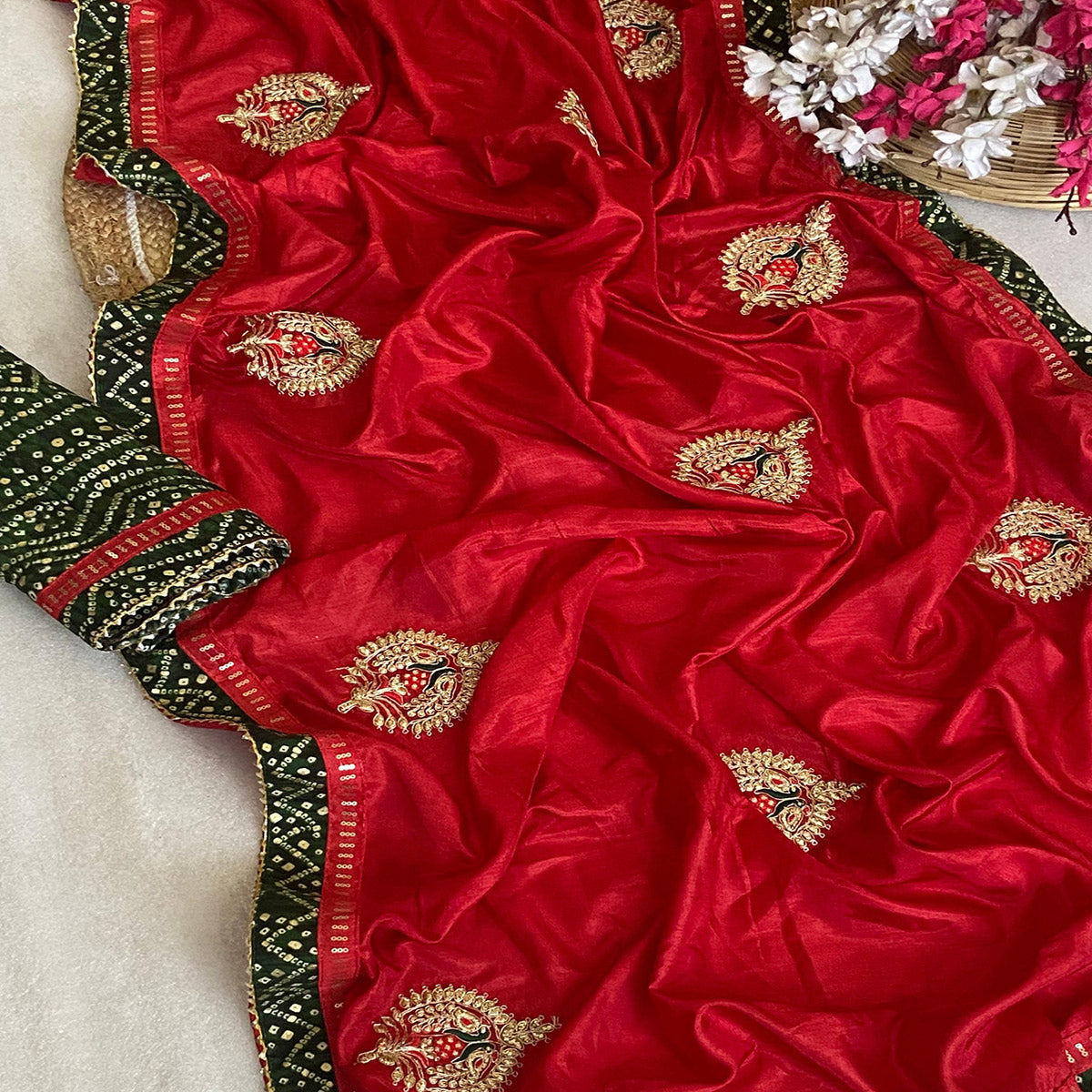 Red Zari Embroidered Vichitra Silk Saree