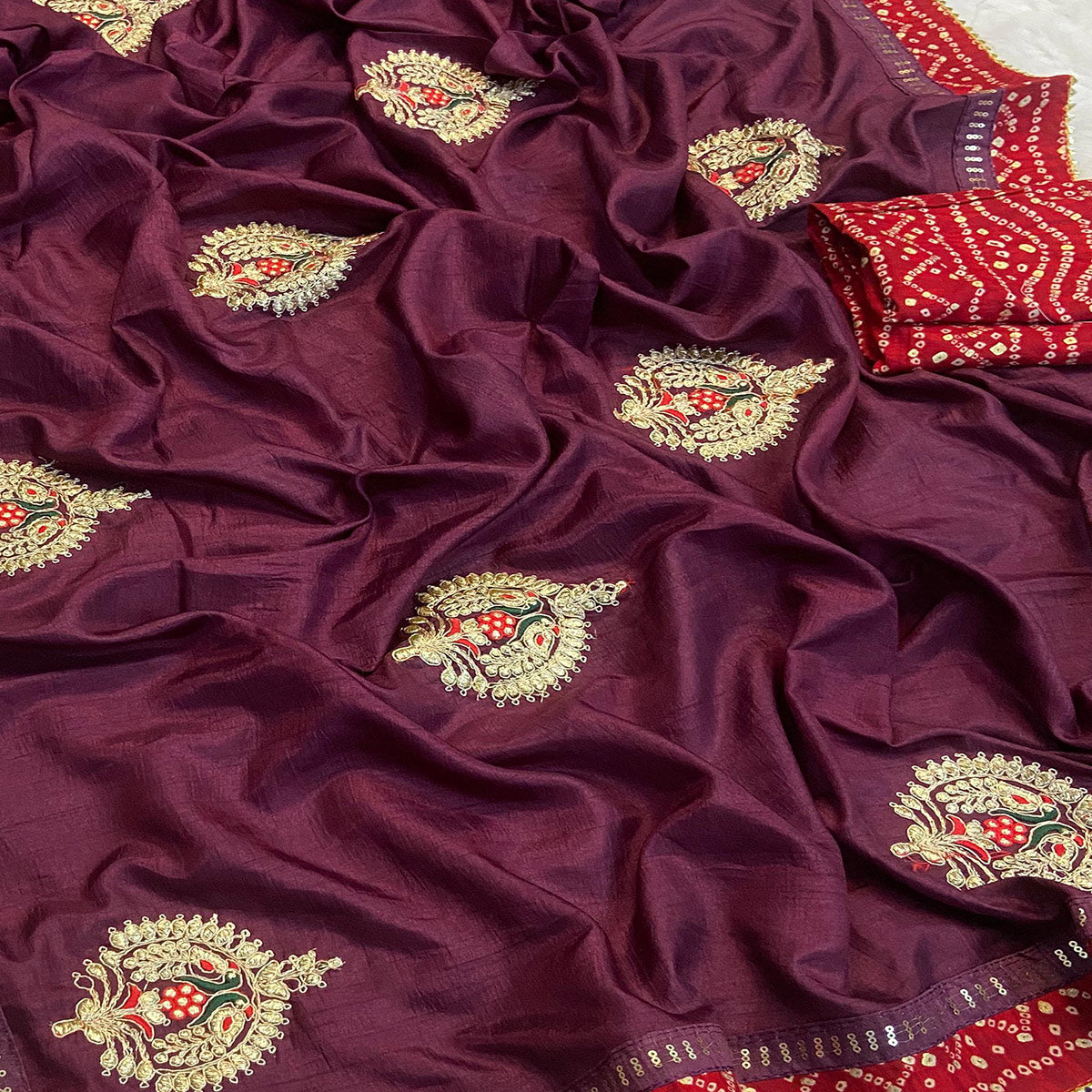 Wine Zari Embroidered Vichitra Silk Saree