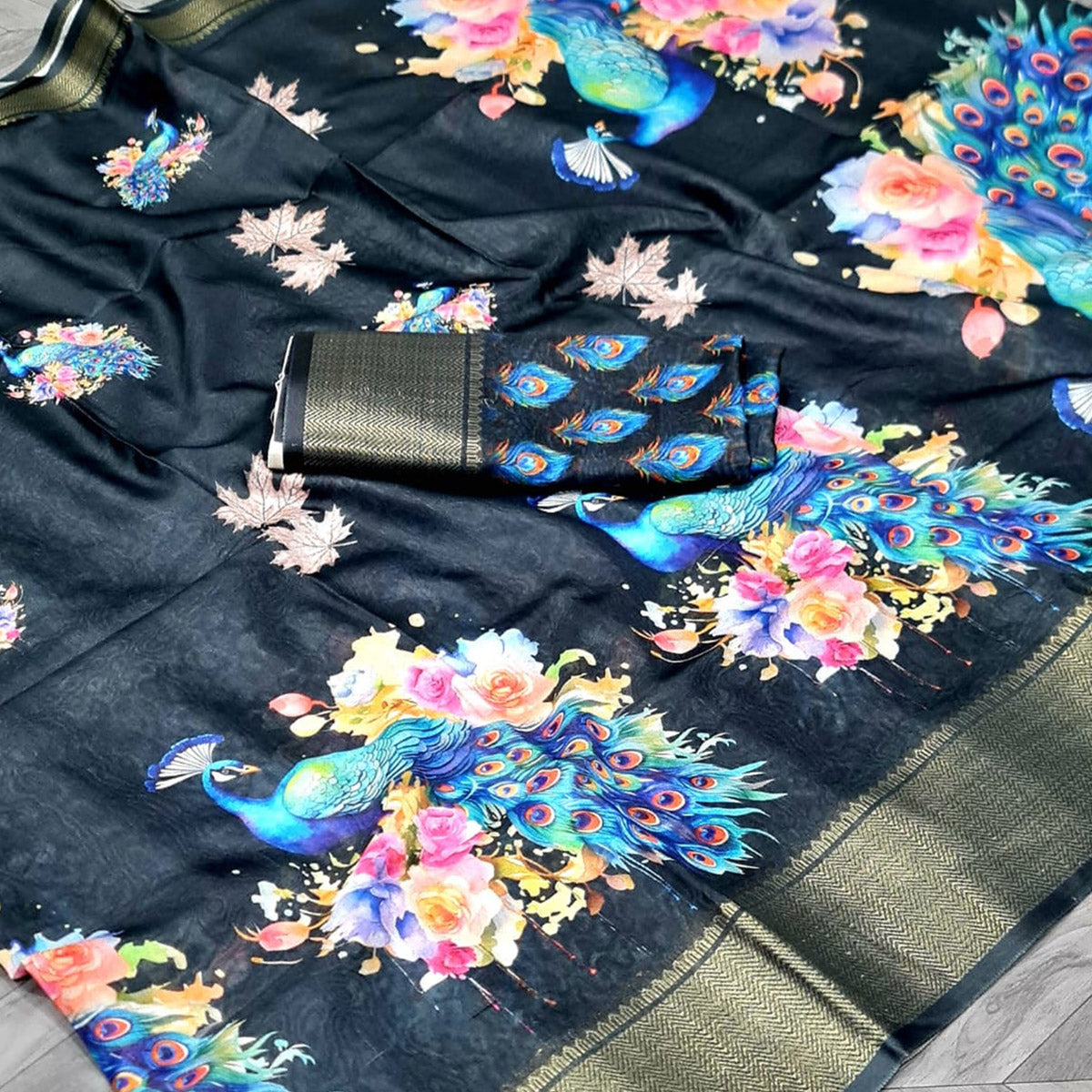 Black Floral Elegance Dola Silk Saree with Artistic Print With Zari Border