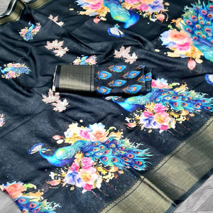 Black Floral Elegance Dola Silk Saree with Artistic Print With Zari Border
