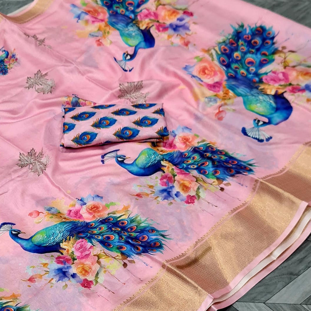 Pink Floral Elegance Dola Silk Saree with Artistic Print With Zari Border