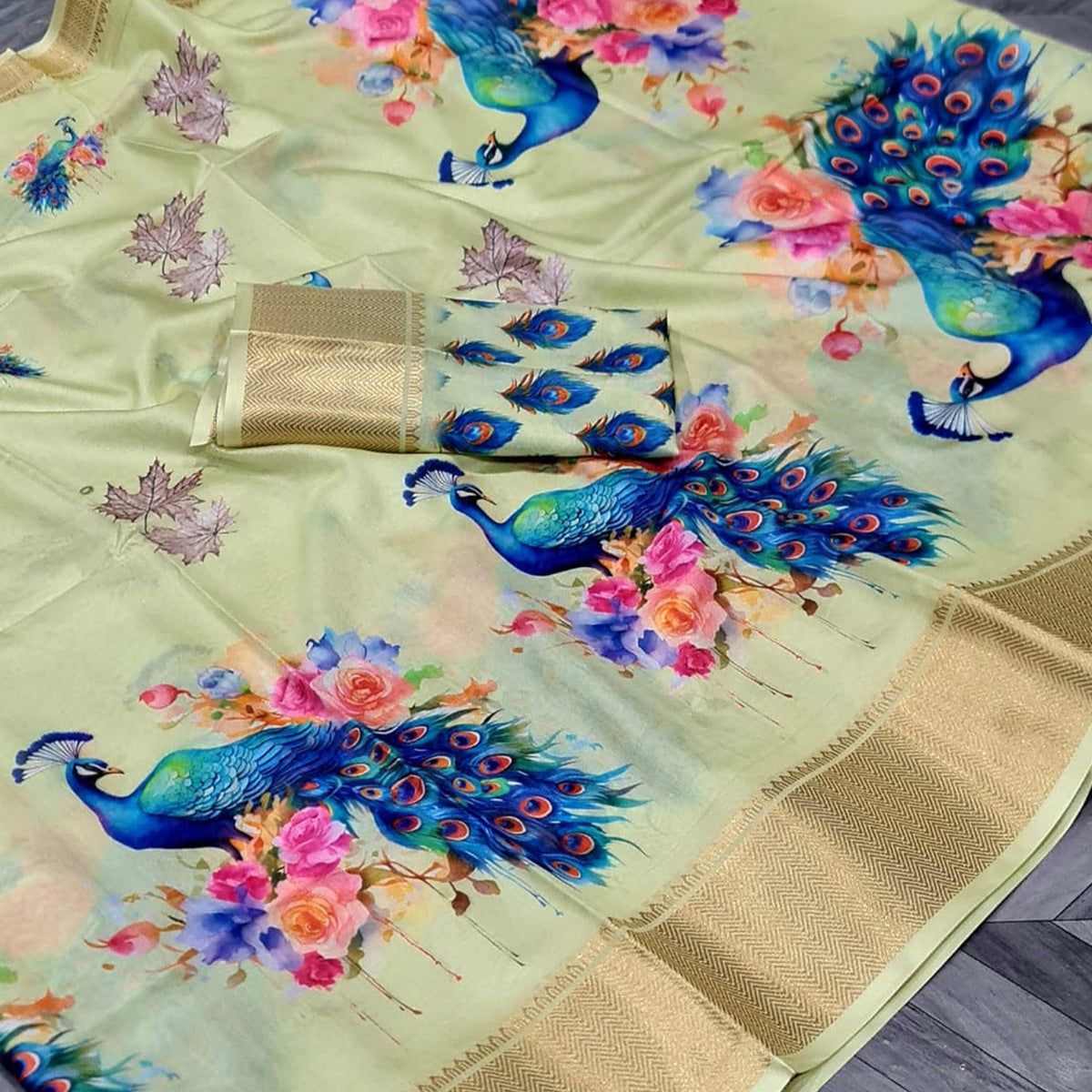 Pista Green Floral Elegance Dola Silk Saree with Artistic Print With Zari Border