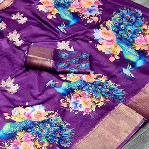 Purple Floral Elegance Dola Silk Saree with Artistic Print With Zari Border