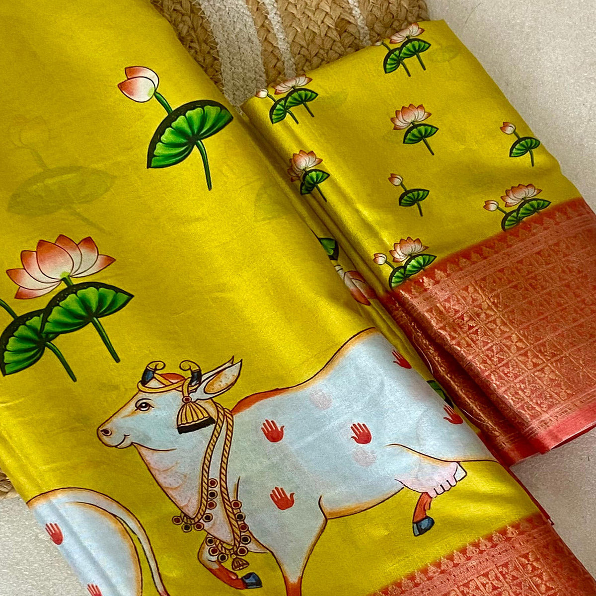 Yellow Floral Printed Doal Silk Saree With Woven Broder