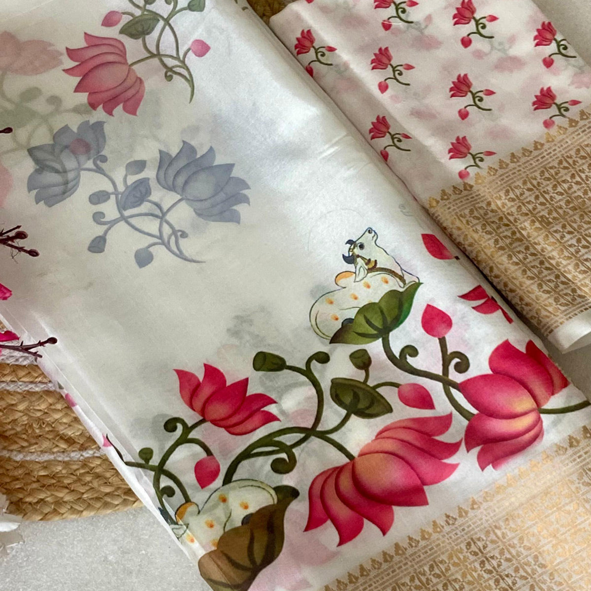 Offwhite Floral Digital Printed Dola Silk Saree With Woven Border