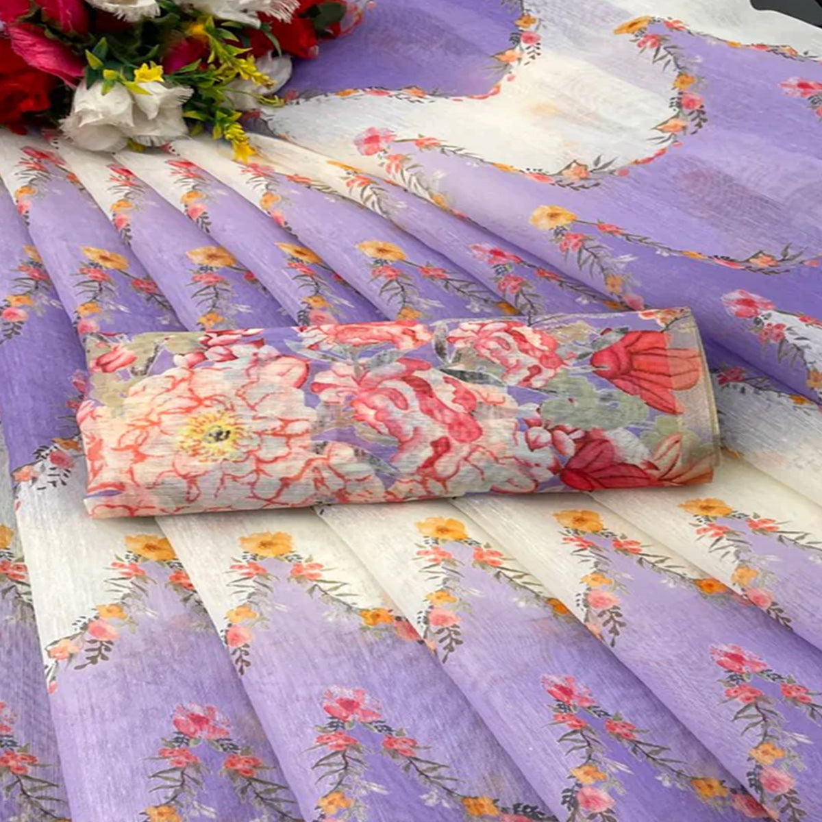 Lavender Floral Digital Printed Chanderi Cotton Saree