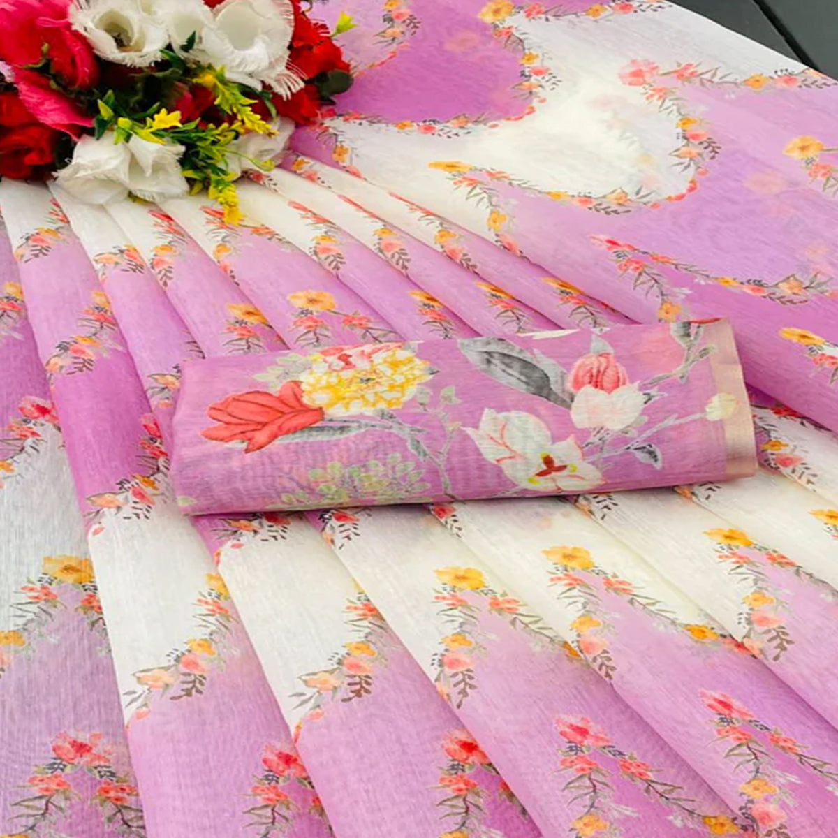 Light Magenta  Floral Digital Printed Chanderi Cotton Saree