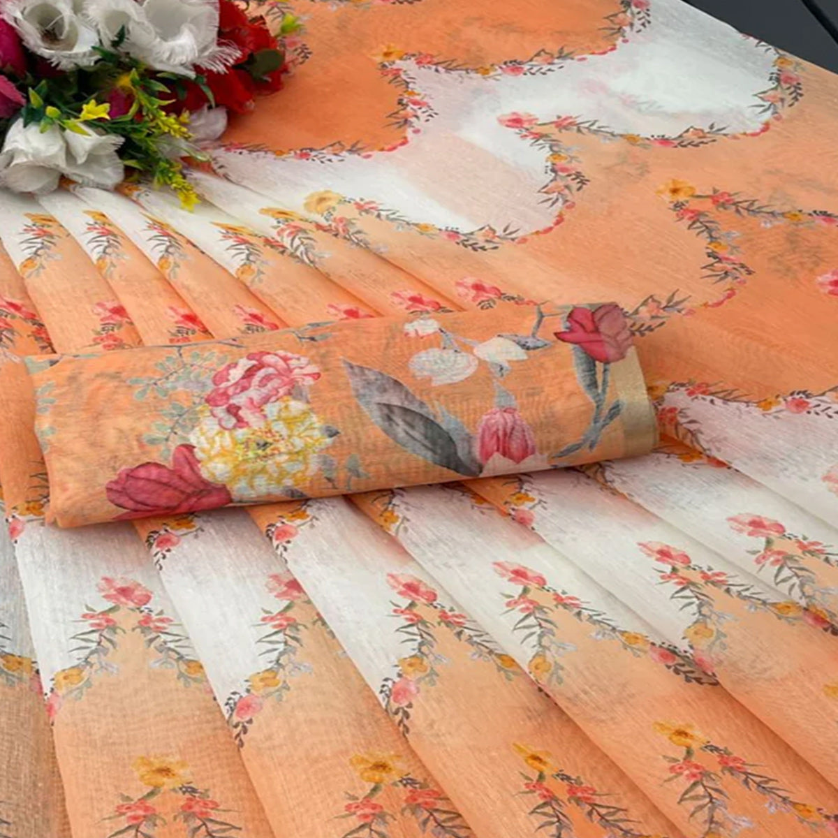 Orange Floral Digital Printed Chanderi Cotton Saree