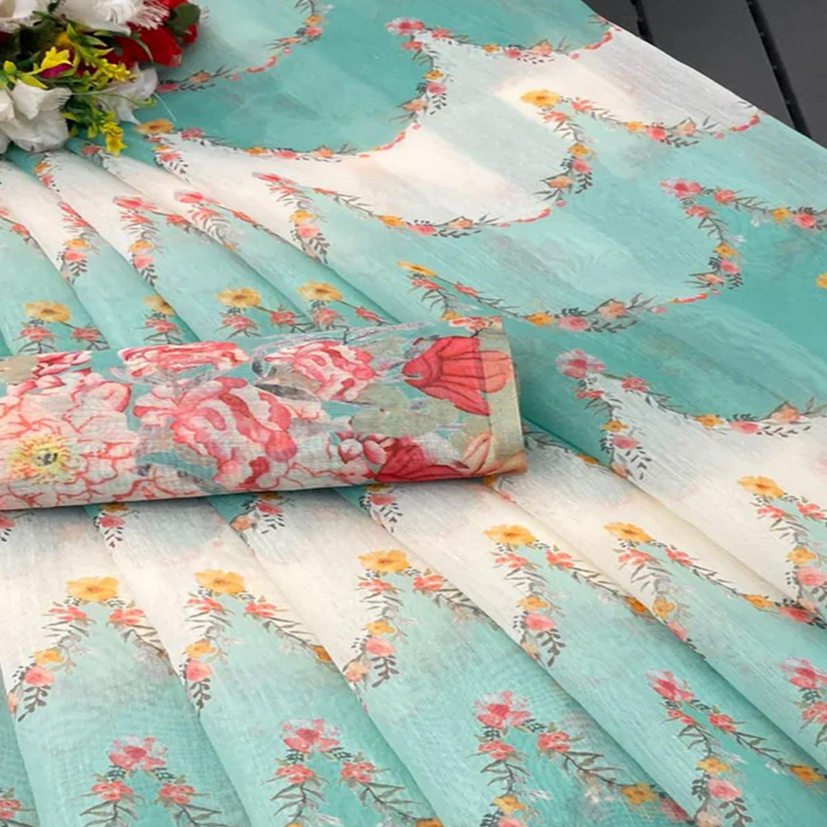 Turquoise Floral Digital Printed Chanderi Cotton Saree