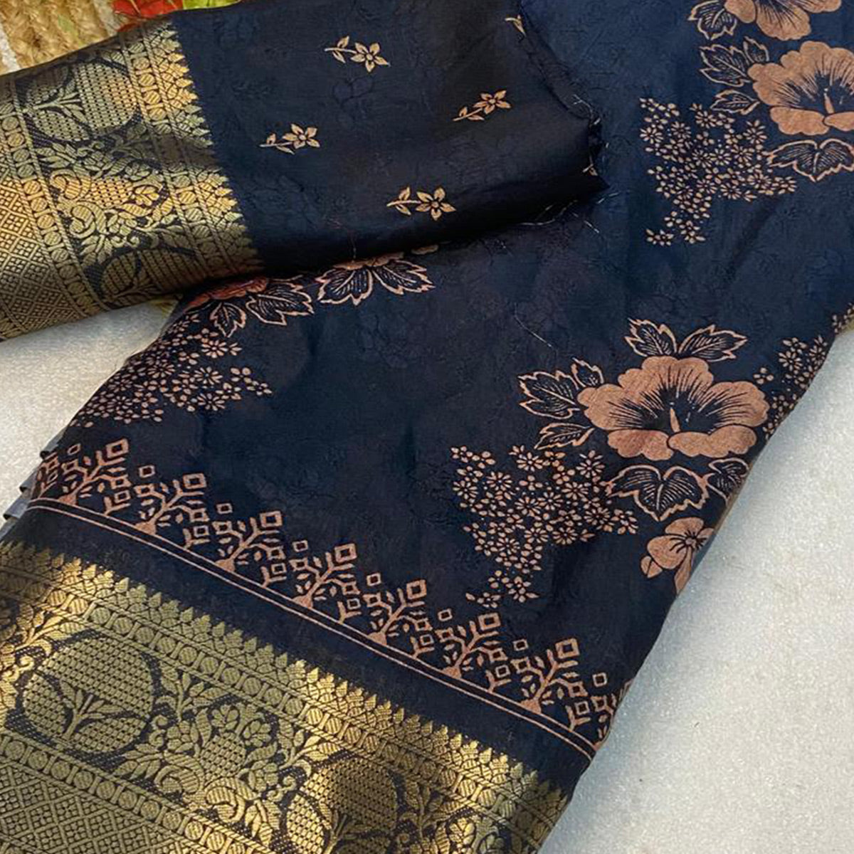 Black Floral Printed Moss Art Silk Saree With Woven Border