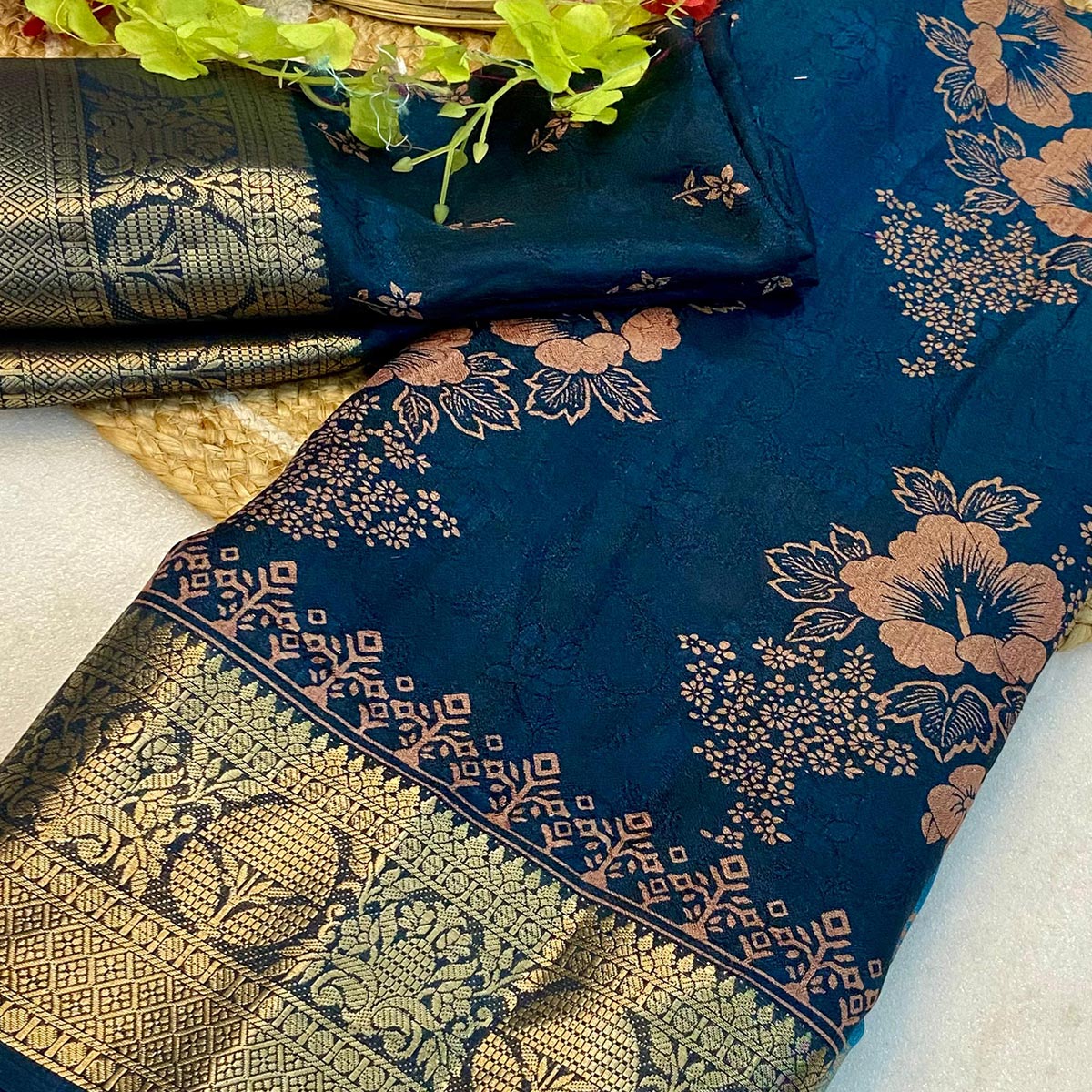 Blue Floral Printed Moss Art Silk Saree With Woven Border