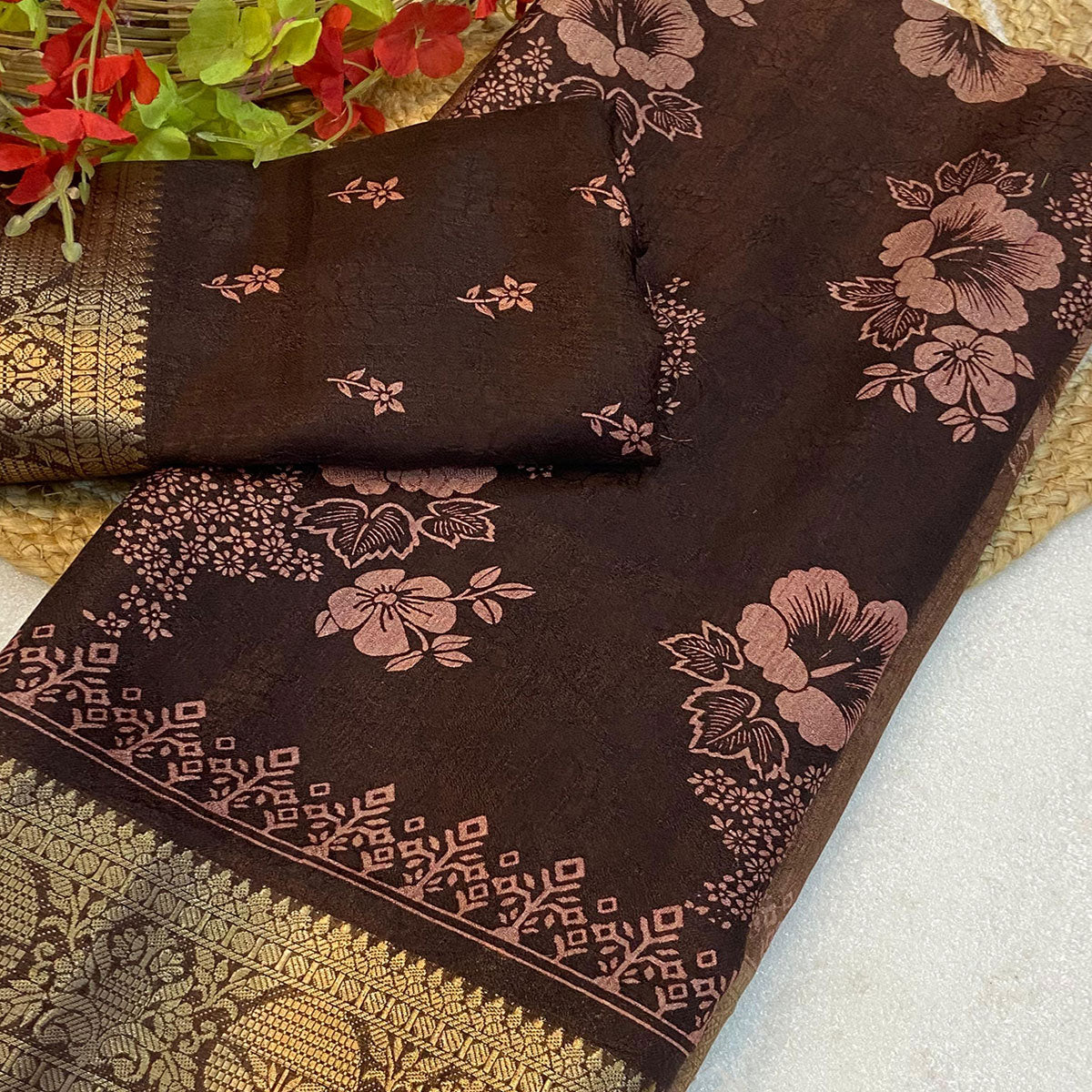 Brown Floral Printed Moss Art Silk Saree With Woven Border