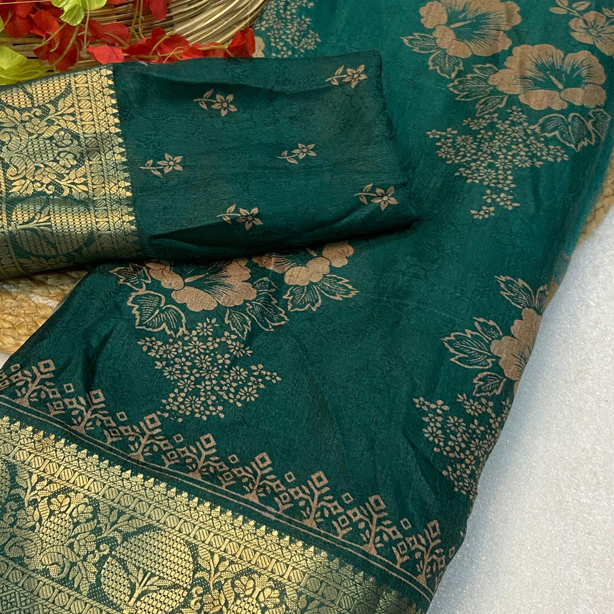 Green Floral Printed Moss Art Silk Saree With Woven Border