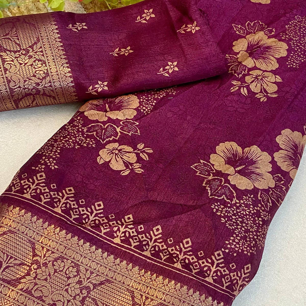 Magenta Floral Printed Moss Art Silk Saree With Woven Border