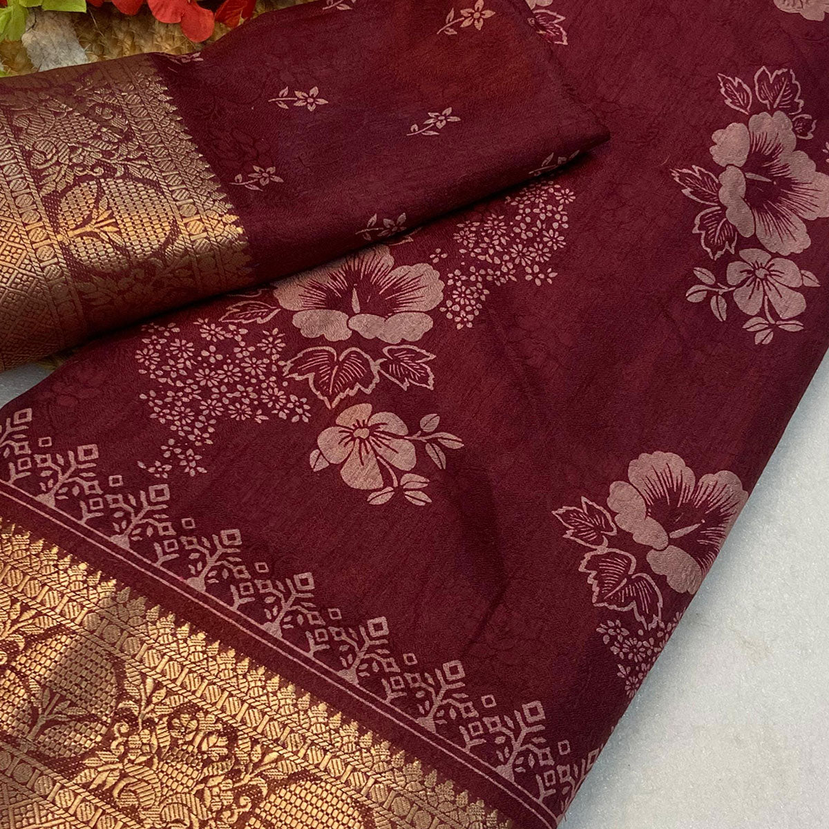 Maroon Floral Printed Moss Art Silk Saree With Woven Border