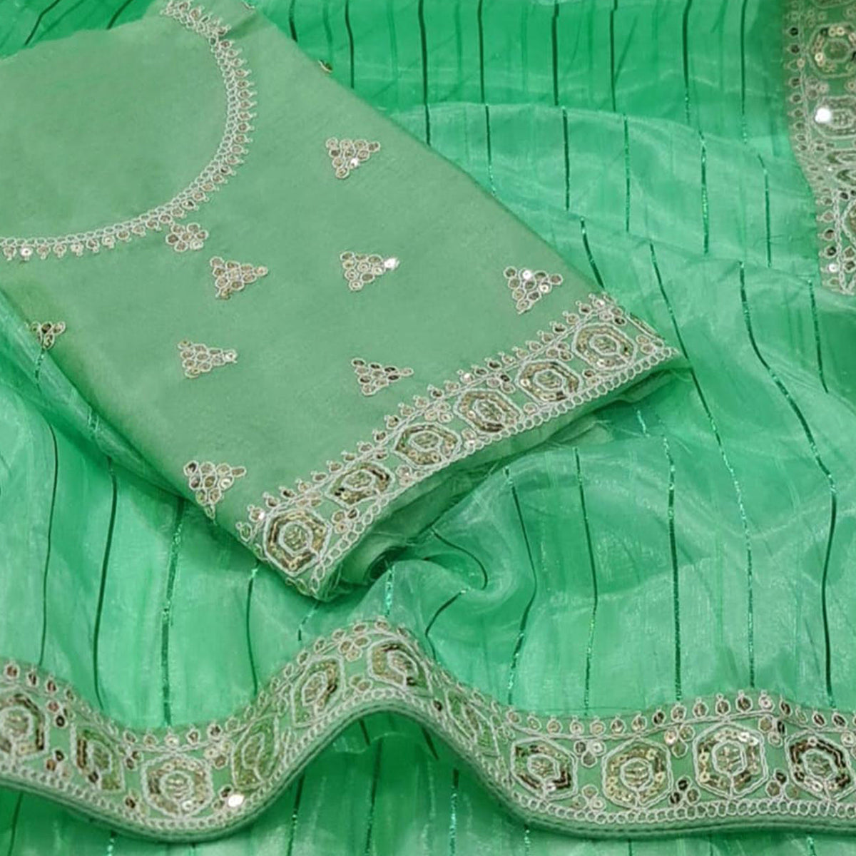 Green Sequins Embroidered Organza Saree