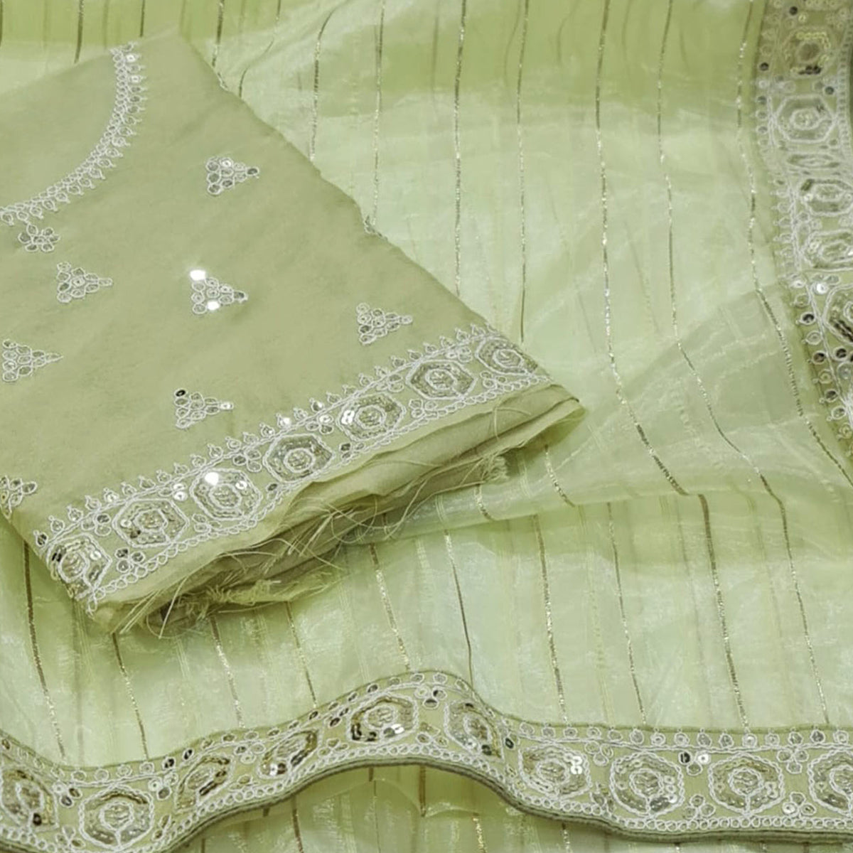 Pista Green Sequins Embroidered Organza Saree