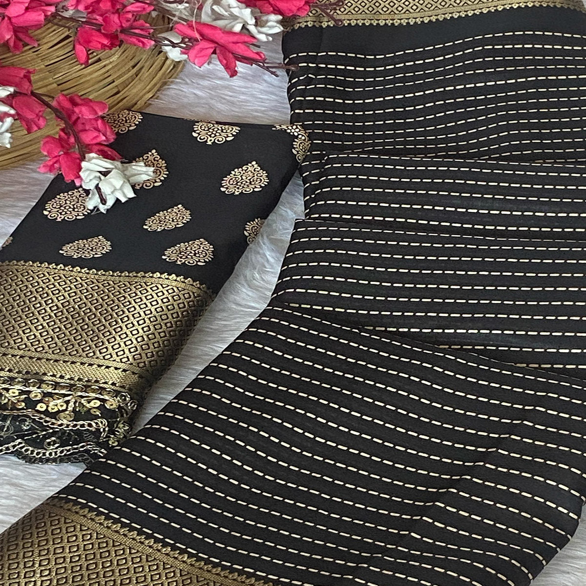 Black & Gold Floral Printed Dola Silk Saree With Woven Border