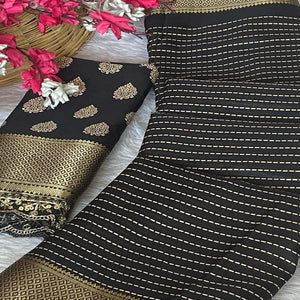 Black & Gold Floral Printed Dola Silk Saree With Woven Border