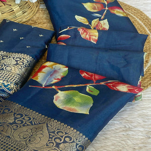 Blue Floral Printed Dola Silk Saree Accentuated with a Traditional Woven Border