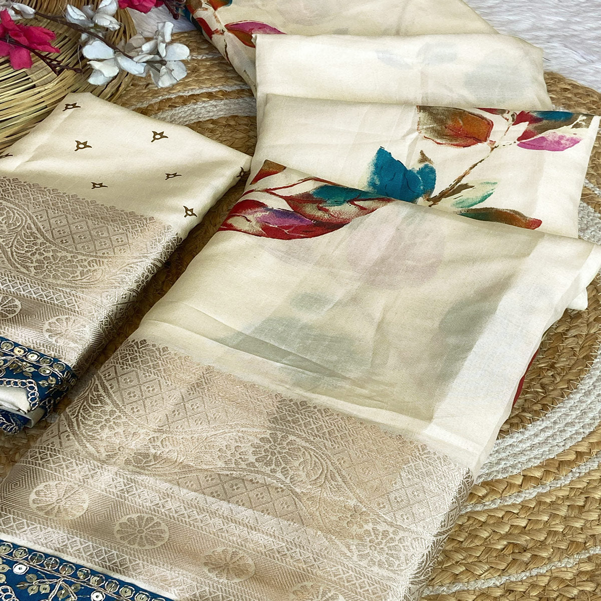 Cream Floral Printed Dola Silk Saree Accentuated with a Traditional Woven Border