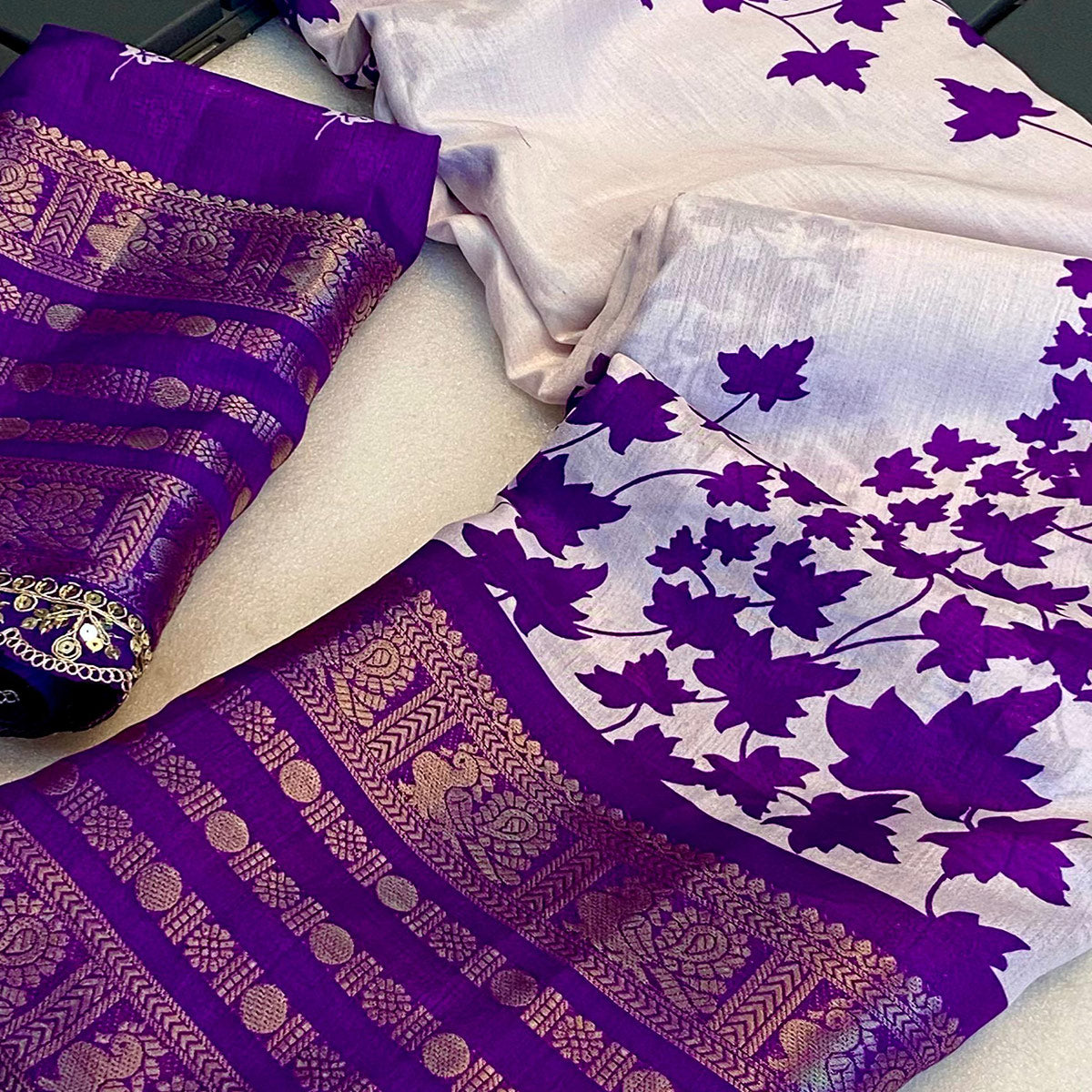 Purple & White Floral Printed Dola Silk Saree With Woven Border