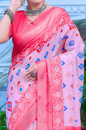 Baby Pink Geometric Printed Linen Saree