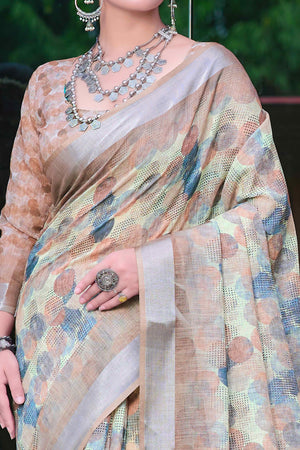 Light Brown Geometric Printed Linen Saree
