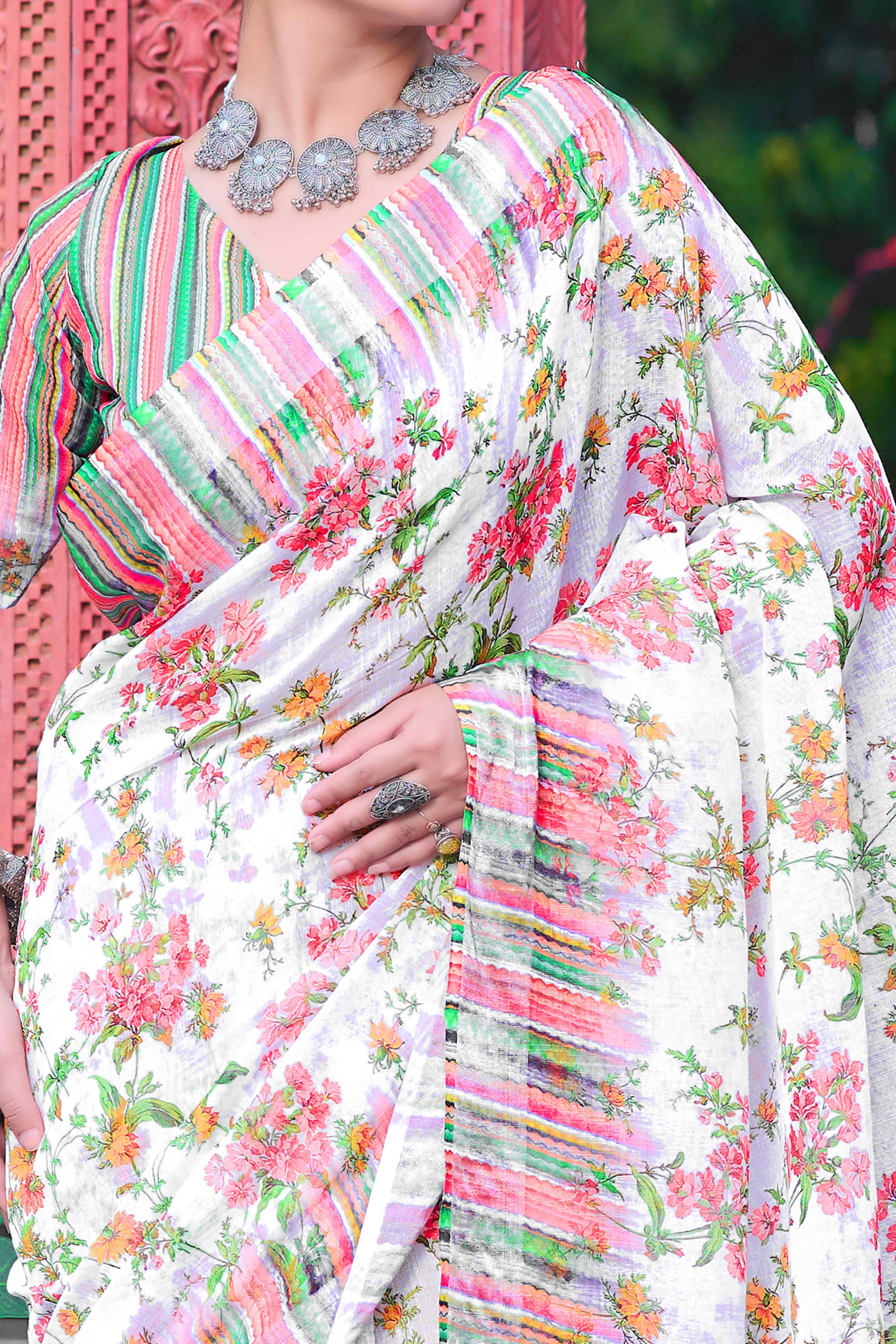 Off White Floral Printed Linen Saree