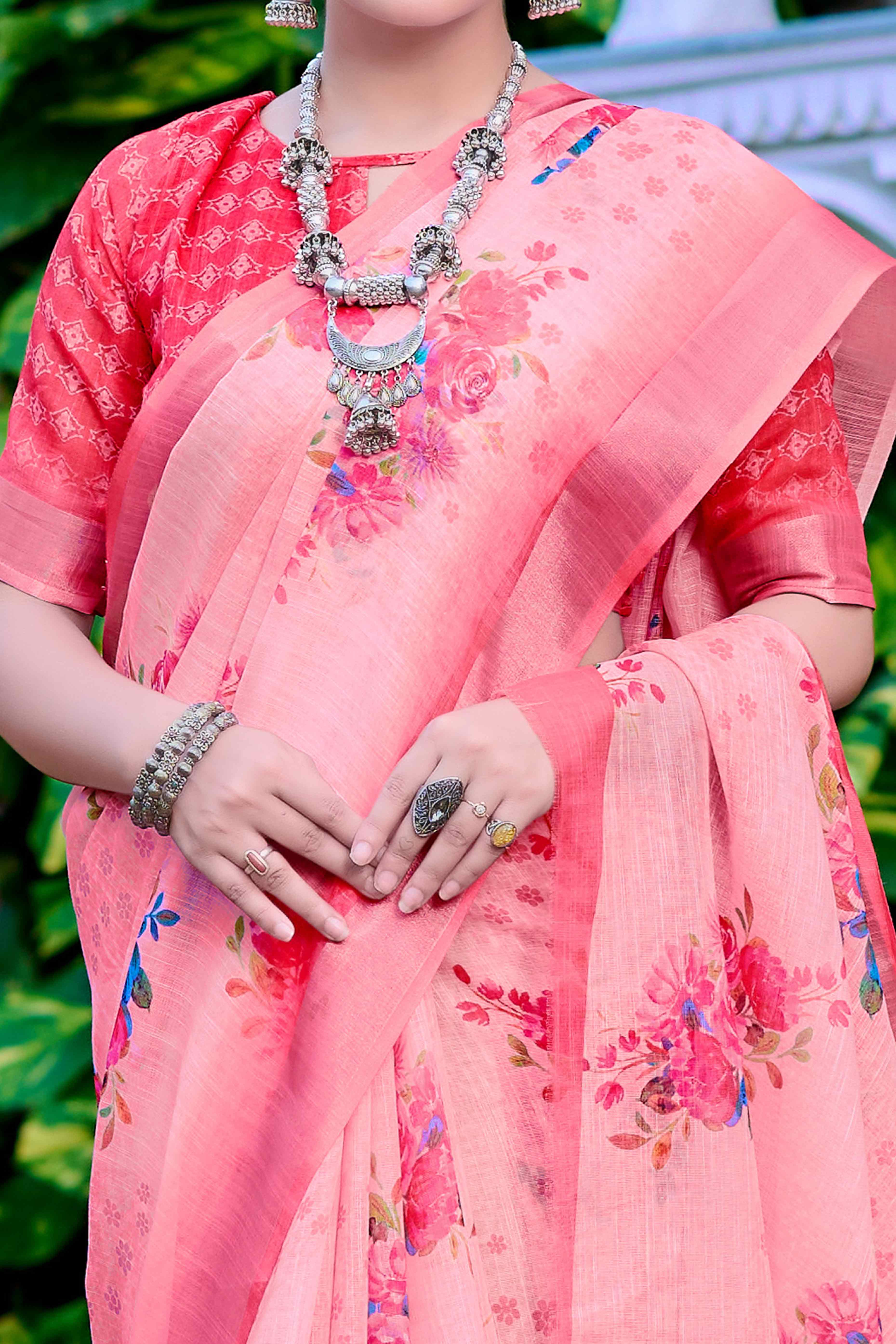 Peach Floral Printed Linen Saree
