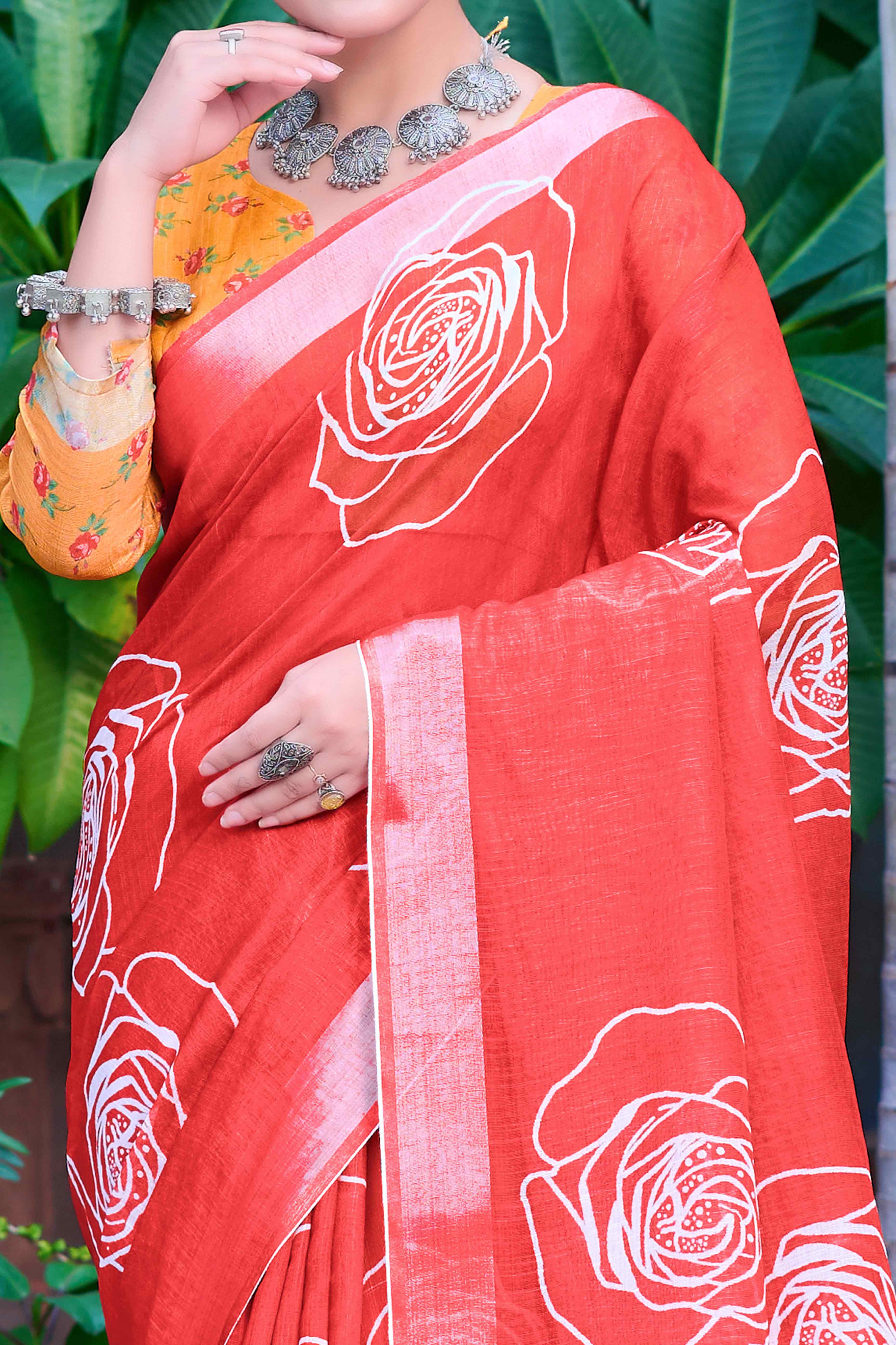 Red Floral Printed Linen Saree