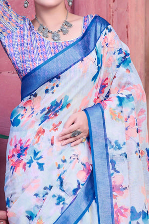 White Floral Printed Linen Saree