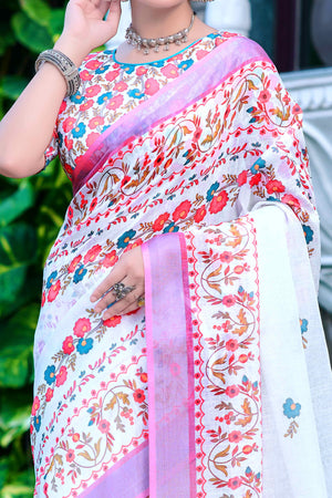 White & Pink Floral Printed Linen Saree
