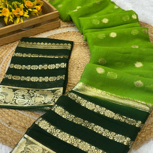 Green Saree In Pure Viscose Featuring Intricate Floral Zari Weaving