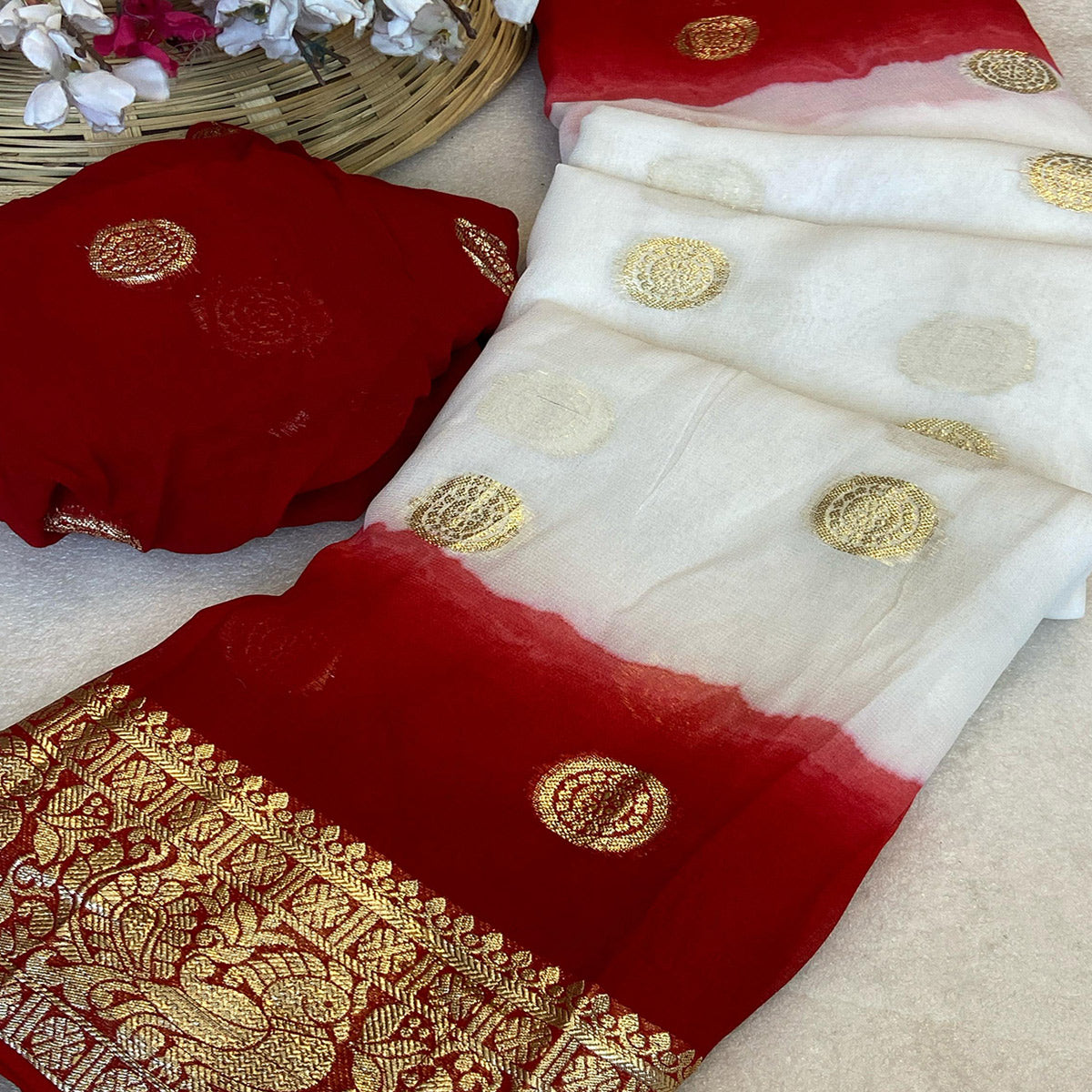 White & Dark Red Zari Weaving Pure Viscose Saree
