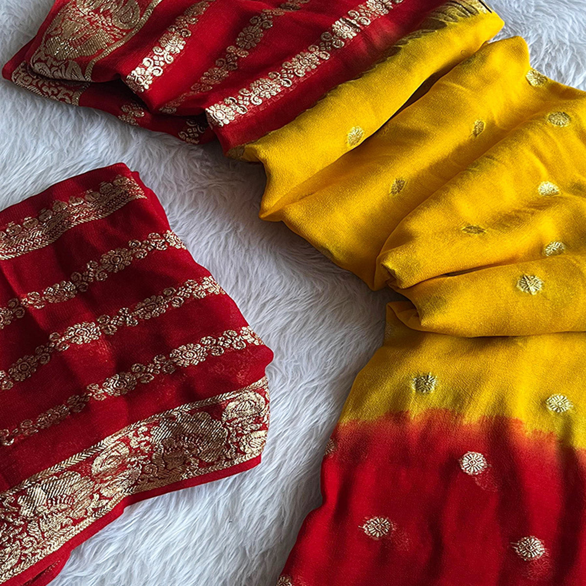 Yellow & Red Zari Woven Pure Viscose Saree