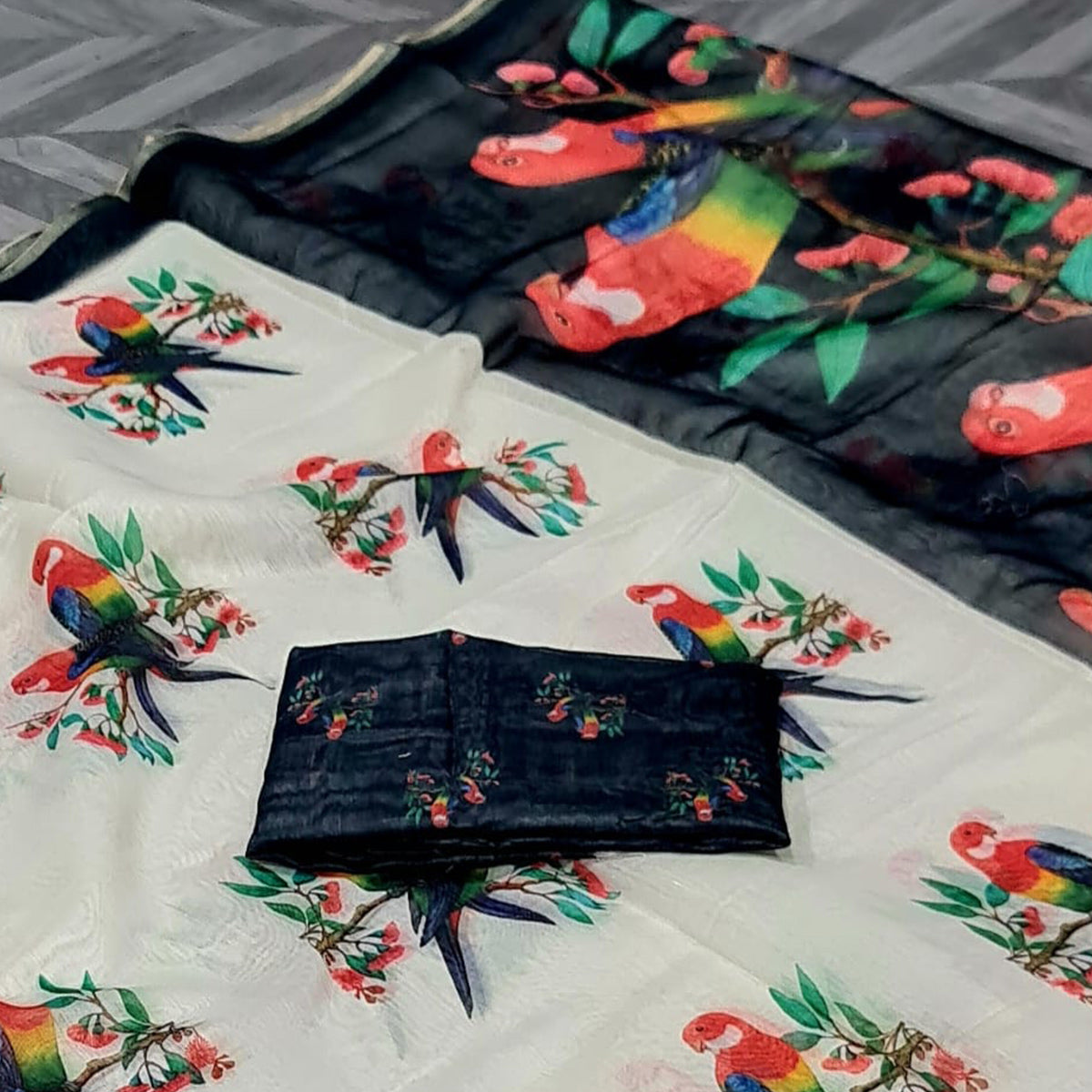 Off White Floral Printed Linen Cotton Saree