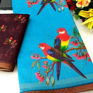 Sky Blue Floral Printed Linen Cotton Saree