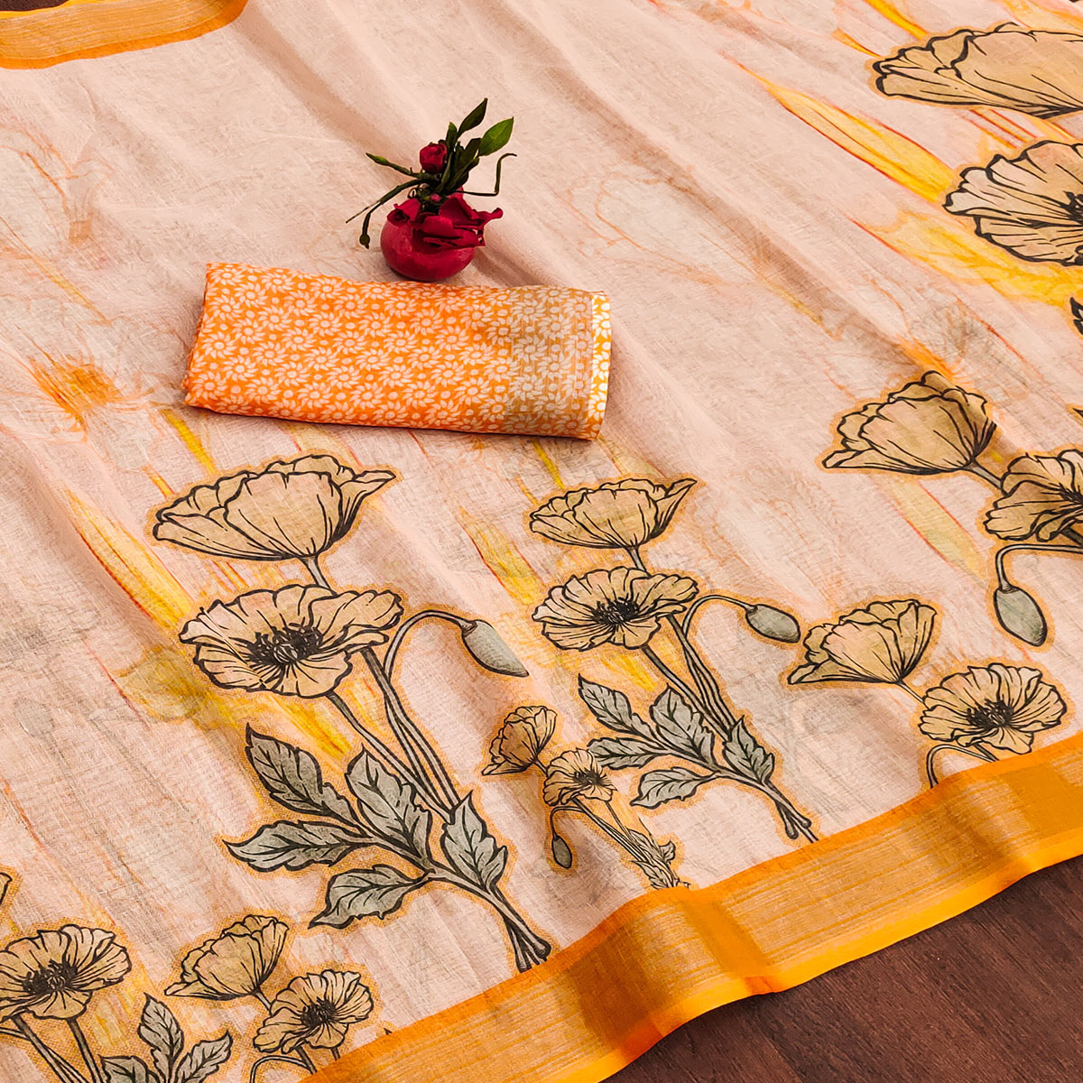 Yellow Printed Linen Saree