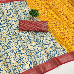 Blue & White Printed Linen Saree