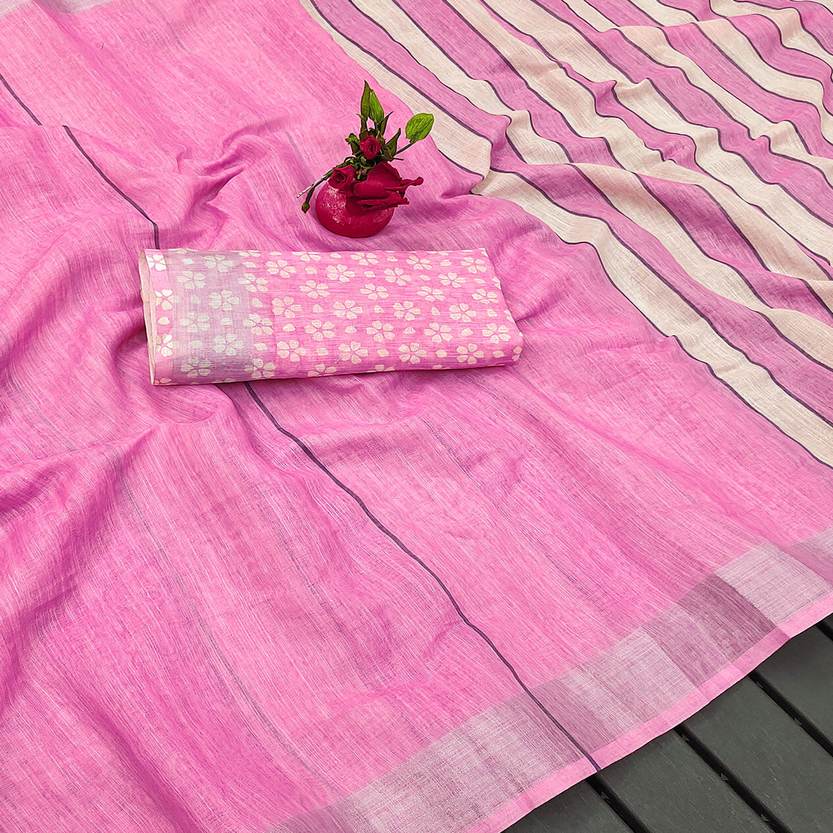 Pink Digital Print Linen Saree